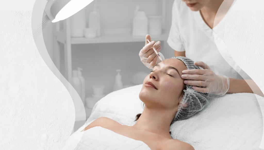 A woman getting injected on the forehead for beauty treatment